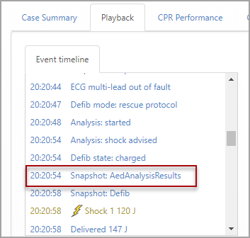 CaseReview displays the snapshots recorded in the case in the 'Event timeline' on the Playback page.